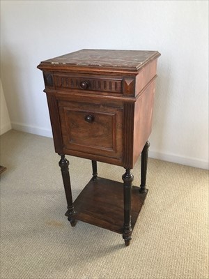 Lot 914 - Late 19th Century French walnut bedside cabinet with rouge marble top, drawer, cupboard and undertier below, together with a french walnut cupboard with recess and panelled door (2)