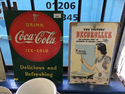 Lot 205 - Vintage Coca Cola enamel advertising sign, and a card advertising sign for 'The Victory Decoroller' (2)