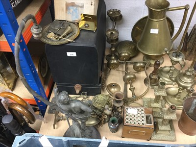 Lot 276 - Collection of brass ware, Figural table lamp, a miniature sewing machine and sundries