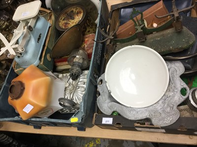 Lot 277 - Two boxes of Vintage tins, kitchenalia, scales and sundries