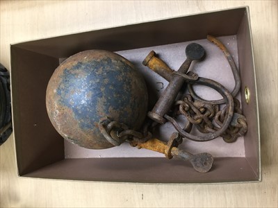 Lot 280 - Antique ball and chain, together with a pair of handcuffs
