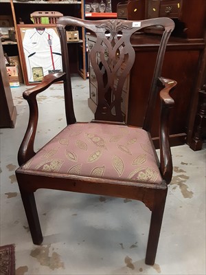 Lot 929 - Georgian mahogany open elbow chair with pierced vase shape splat back and a Georgian wig stand