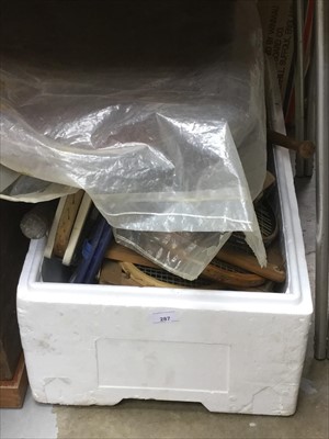 Lot 287 - One box of rackets and other sports equipment including a dart board (1 box)
