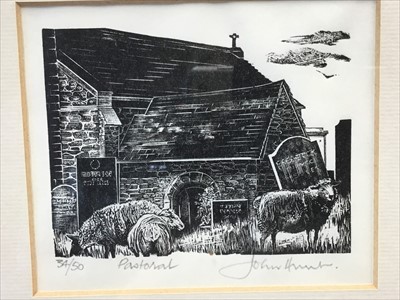 Lot 212 - John Hunt (contemporary) small woodcut pastoral scene, signed, together with another engraving, both framed (2)