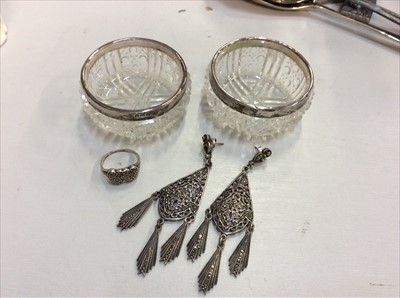 Lot 675 - Pair silver mounted cut glass salts, pair silver marcasite drop earrings and ring