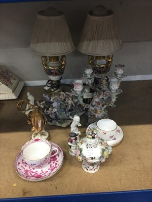Lot 226 - Good collection of Continental porcelain, including two Meissen cups and saucers, Sitzendorf vase and cover, pair of Limoges vases, pair of Sitzendorf candelabra, Capodimonte figure, etc