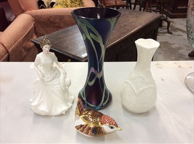 Lot 449 - Okra Nimbus purple iridescent spill vase, Wedgwood Countryware vase, Royal Doulton Harmony and Royal Crown Derby bird paperweight (4)