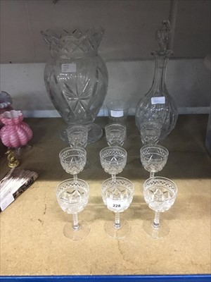 Lot 228 - Set of nine Stuart crystal sherry and port glasses, good quality cut glass decanter and vase, and an Edwardian etched glass beaker (12)