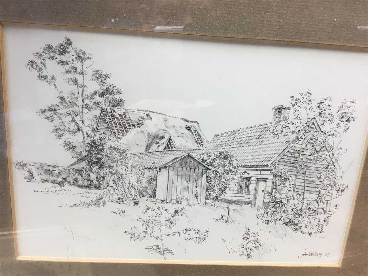 Lot 553 - John Western (20th century) pencil sketch - Middle Barn and Cottage, Crettingham Suffolk, 1978, signed, framed