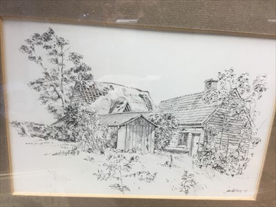 Lot 215 - John Wesrtern (20th century) pencil sketch - Middle Barn and Cottage,m Crettingham Suffolk, 1978, signed, framed