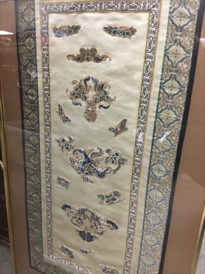 Lot 216 - Antique Chinese embroidered silk panel, framed