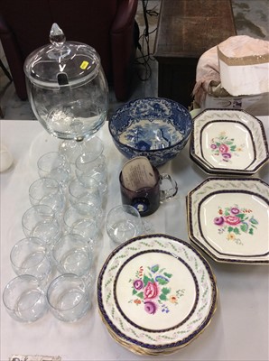 Lot 452 - Glass punch bowl and cover with eleven matching glasses, Wedgwood silver Jubilee glass mug, Wedgwood dinner ware and a blue and white fruit bowl