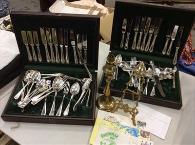 Lot 456 - Two canteens of plated cutlery, small brass easel stand, brass table lamp and two Oriental pictures