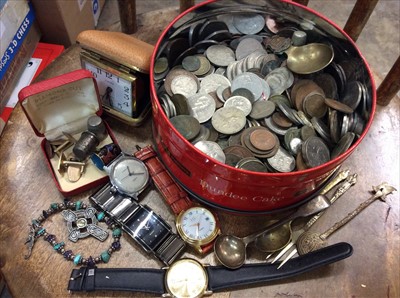 Lot 460 - Group old coins, wristwatches, silver salt spoon and sundries