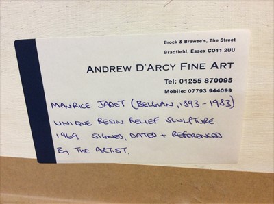 Lot 219 - Maurice Jadot (1896-1963) unique resin relief sculpture, signed and inscribed, framed, gallery label verso