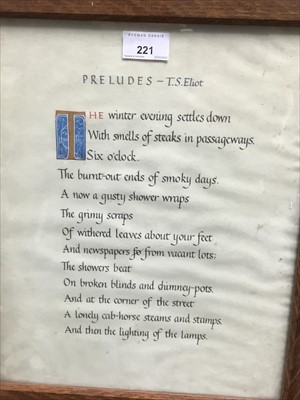 Lot 221 - Attributed to Denzil Reeves - Caligraphy and waztercolour - Preludes T. S. Eliot, framed
