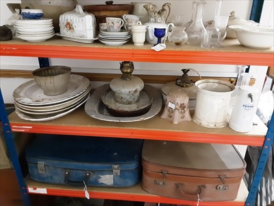 Lot 107 - Two cases of various ephemera and two shelves of decorated china and glassware