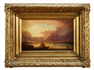 Lot 992 - John James Wilson 1818 - 1875, A tranquil coastal scene with fisherman drying their nets, oil on canvas, signed, in gilt frame 19x32cm