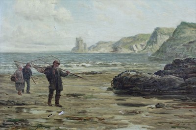 Lot 993 - Tom Seymour 1844 - 1904, A coastal scene with fisherfolk on the foreshore, oil on canvas, signed in gilt frame 40x60cm