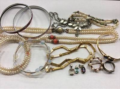 Lot 687 - Costume jewellery, gold 9ct cultured pearl brooch, two gold mounted coloured stone pendants and Victorian silver buckle ring