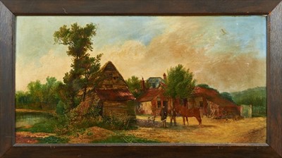 Lot 994 - Edward Adveno Brooke (1821 - 1910) oil on mahogany panel - A farmyard scene with figures, a horse and a dog in the foreground, signed and dated 1866, in wooden frame, 41cm x 81cm