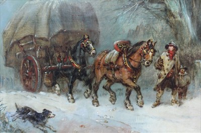 Lot 997 - English School 19th Century, A winter landscape with a horse drawn hay wagon, rustic figures and their dog, oil on canvas, in original gilt frmae 45 x 60 cm