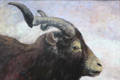 Lot 1021 - English School 19th century, A billy goat's head, oil on panel, in gilt frame 30 x 36 cm