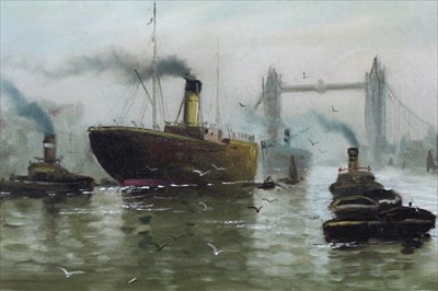 Lot 1025 - H. Knight, Shipping in The Thames with Tower Bridge beyond, oil on canvas, signed in gilt frame 19 x 39 cm