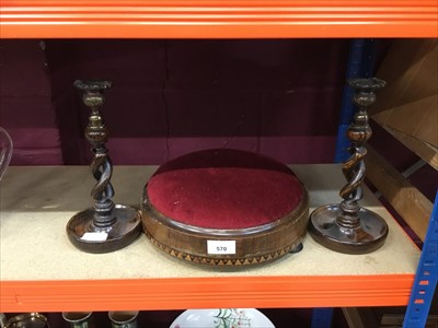 Lot 570 - Victorian inlaid circular footstool and pair barley twist candlesticks