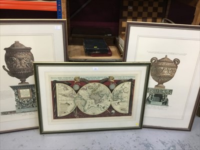 Lot 575 - Pair Classical urn prints and decorative map.