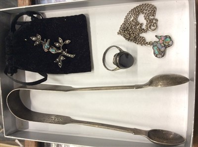 Lot 691 - Silver sugar tongs, silver marcasite birds on beach brooch, silver ring and pendant necklace