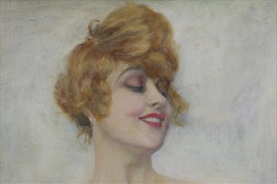 Lot 1004 - Belle Époque oil on canvas board - portrait of a smiling lady, indistinctly signed and dated, framed, 63cm x 52cm