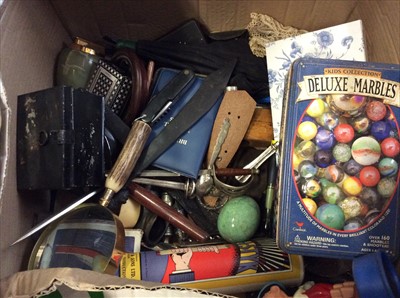 Lot 466 - Box sundries including pens, lighters, marbles in tin etc