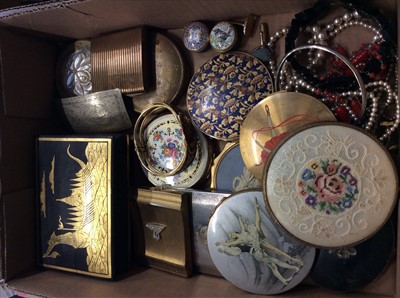 Lot 694 - Collection various compacts, Japanese black lacquer box, costume jewellery and Halycon Days enamel ‘Thank You’ pill pot