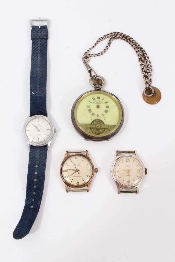 Lot 20 - Silver cased Hebdomas pocket watch on silver watch chain, MuDu wristwatch and two others (4)