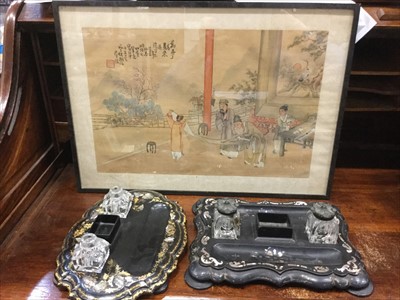 Lot 362 - Two Victorian Papier mache ink stands, together with a Chinese picture