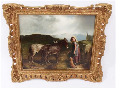 Lot 1066 - James William Cole (1849 - 1889), oil on board, a girl with her dog feeding carrots to donkeys, signed and inscribed verso, in gilt frame, 23 x 28 cm