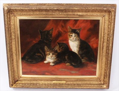 Lot 1065 - Daniel Merlin (1861 - 1933), oil on canvas, A family of three kittens and their mother, signed, in gilt frame, 30 x 40 cm