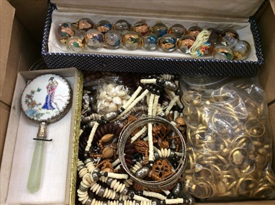 Lot 664 - Chinese glass bead necklace, Chinese enamelled hand mirrors in boxes, other costume jewellery and bijouterie