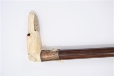 Lot 691 - Early 20th century carved ivory and rosewood walking stick, the crop handle carved in the form of a greyhound head