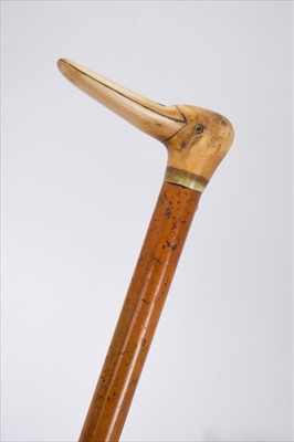 Lot 703 - Unusual 19th century malacca and carved antler walking stick, the crop handle in the form of a duck, with metal ferrule, 92cm long