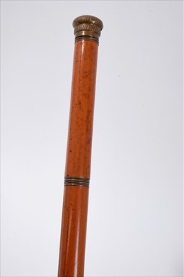 Lot 704 - Unusual 18th century malacca 'tipplers' walking stick, unscrewing at the knop and collar, enclosing long lidded glass phial and baluster glass, 90cm long