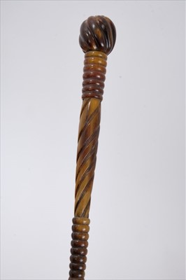 Lot 706 - Unusual 19th century horn and cane walking stick, the handle with wrythen and ring carved ornament