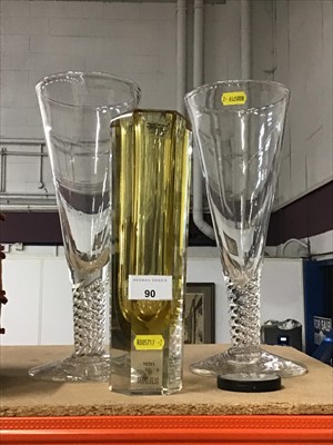 Lot 90 - Pair large glass twisted stem vases and yellow art glass vase