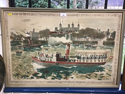 Lot 55 - School print - The Tower of London, by Edwin La Dell, 1946, printed by The Baynard Press for School Prints Ltd. London - busy Thames scene with Tower in the background, framed and glazed, 52cm x 80...