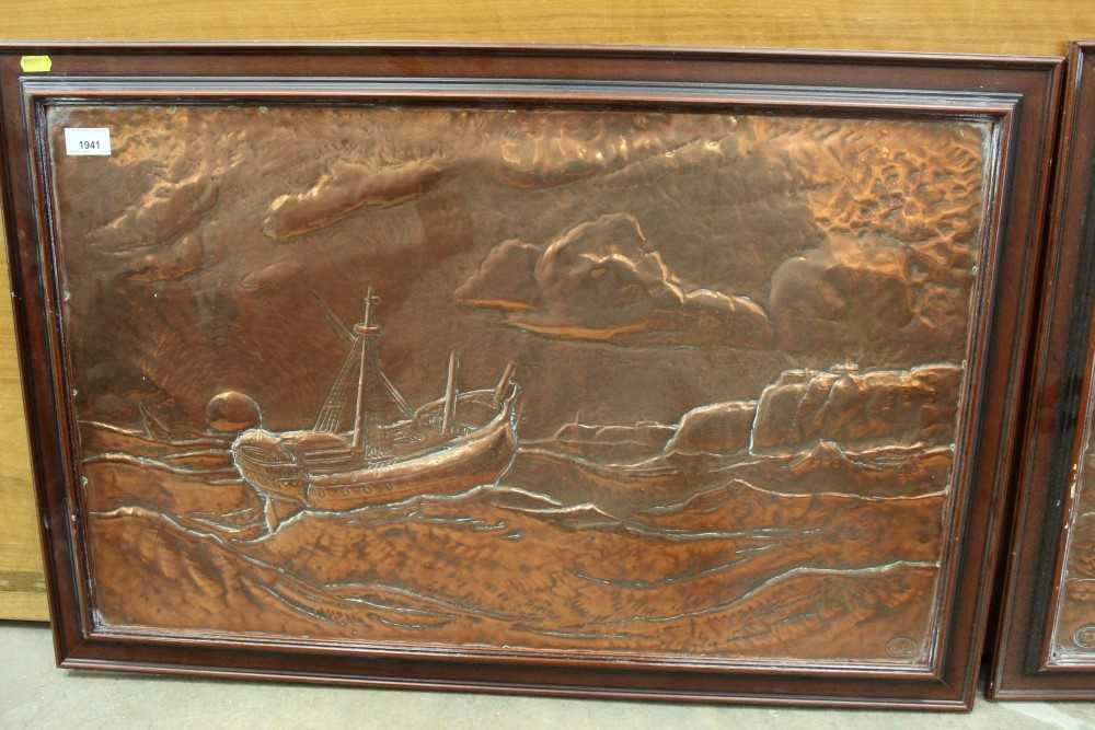 Lot 43 - Rare pair of early 20th century Northern English Arts & Crafts beaten copper plaques