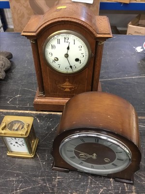 Lot 159 - Edwardian mantel clock in inlaid oak case, brass carriage clock and 1950s Smiths Enfield clock (3)
