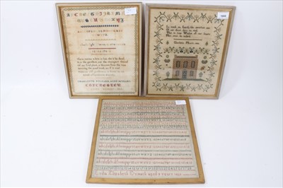 Lot 1668 - Three Victorian samplers all with names and dates.  House and garden, alphabet and numerals. One by Charlotte Folkard Colchester.