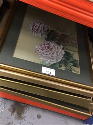 Lot 103 - Group of nine Chinese watercolours on silk - floral subjects, in glazed gilt frames