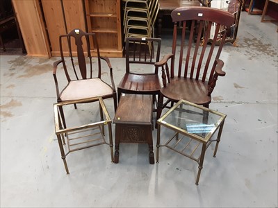 Lot 886 - Victorian splat back kitchen elbow chair on turned legs with stretchers and small carved oak sewing box and Edwardian inlaid armchair and odd Georgian country chair and two brass occasional tables